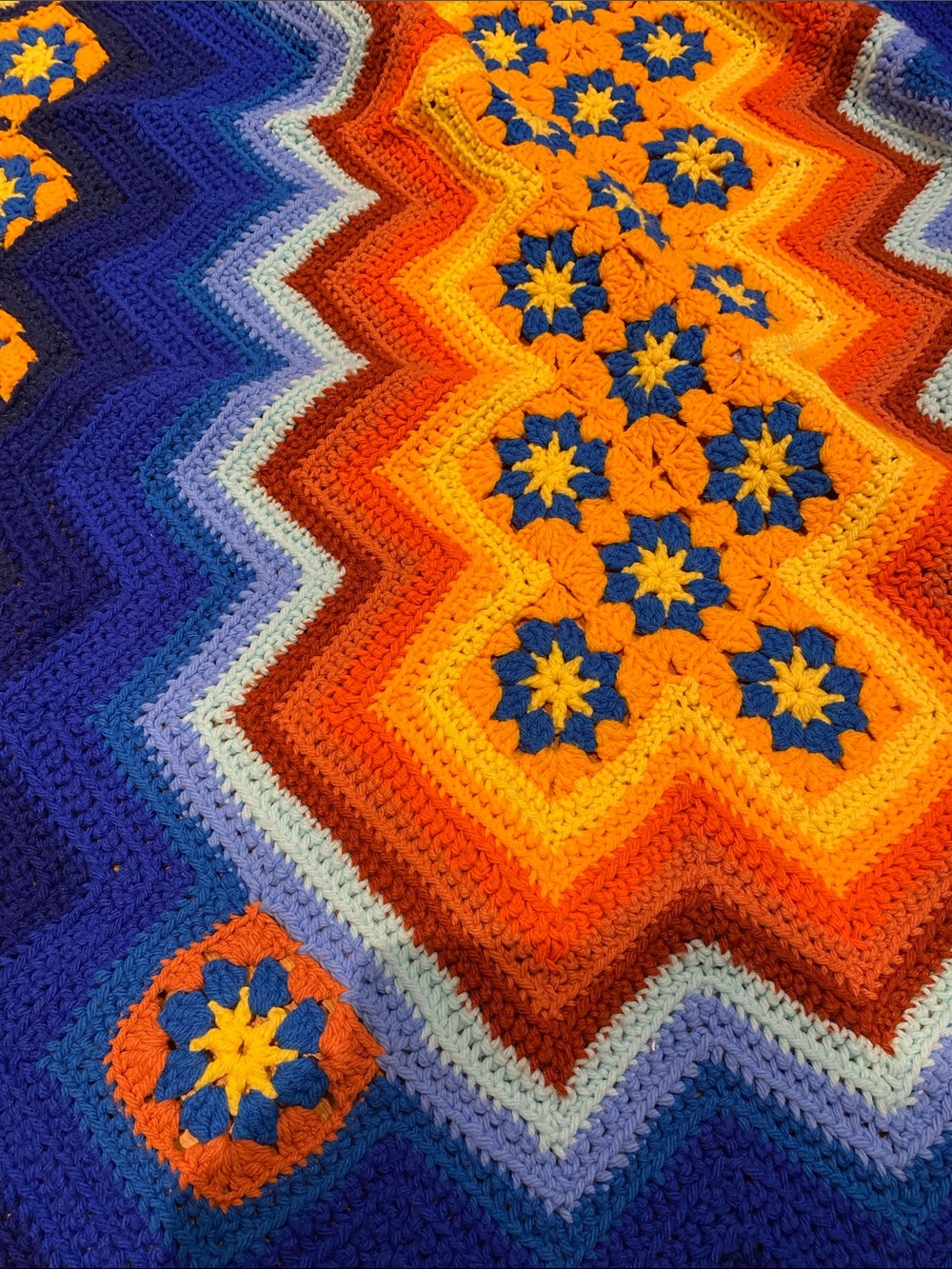 Hand Crafted Blue Orange Yellow Chevron Crochet Throw Blanket